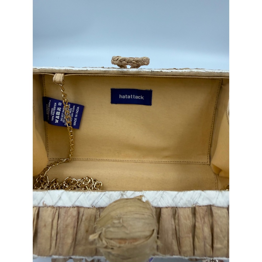 Hat Attack Raffia Floral Sequin Box Clutch Bag Tan Gold Chain Strap Evening Bag - Picture 2 of 7